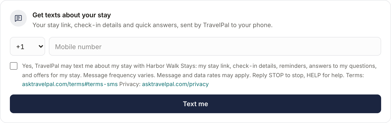 The sign-up box on a guest's stay page: a country code, a mobile number field, an unticked box beside the consent words, and a Text me button.